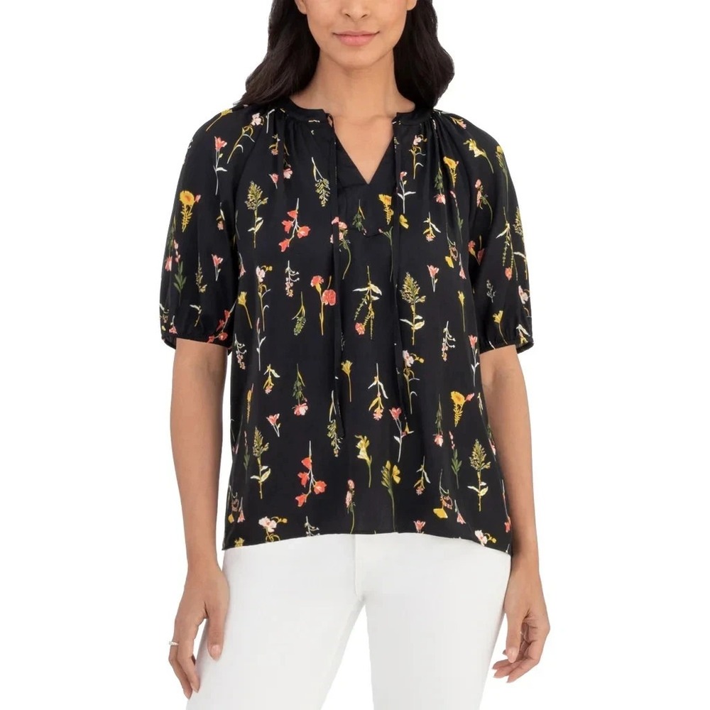 Well Worn Womens Short Sleeve Satin Blouse Black Floral Print XL New